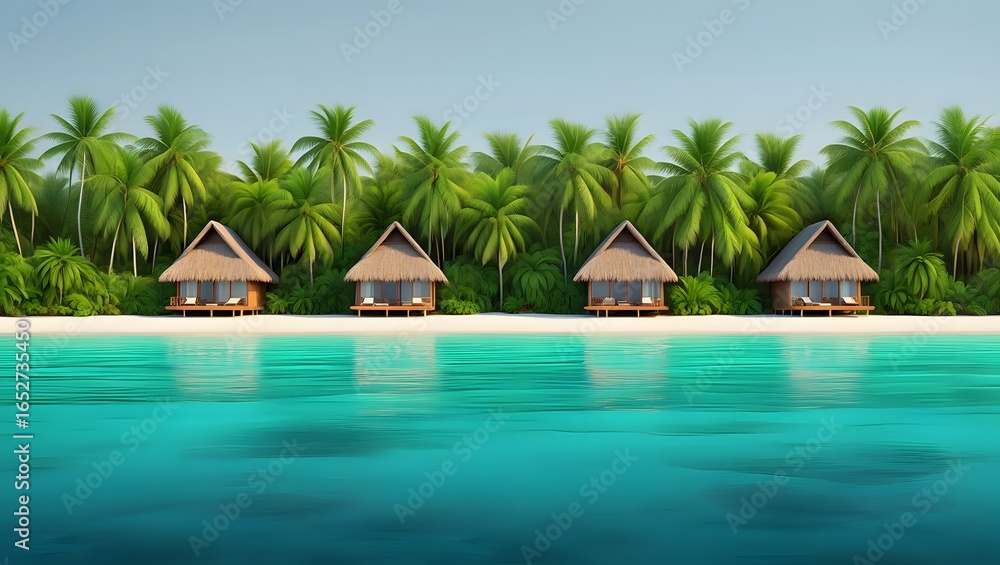 Fototapeta premium four bungalows on a tropical beach with palm trees and turquoise water
