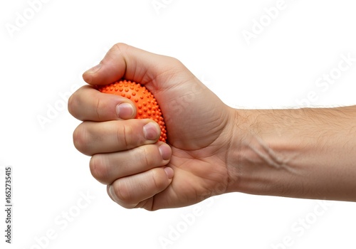 Hand squeezing an orange stress ball for therapy and exercise isolated on white background