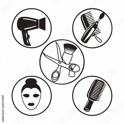 Beauty salon tools and cosmetics set isolated on white background for hair care, makeup, manicure and spa treatment in minimalist style
