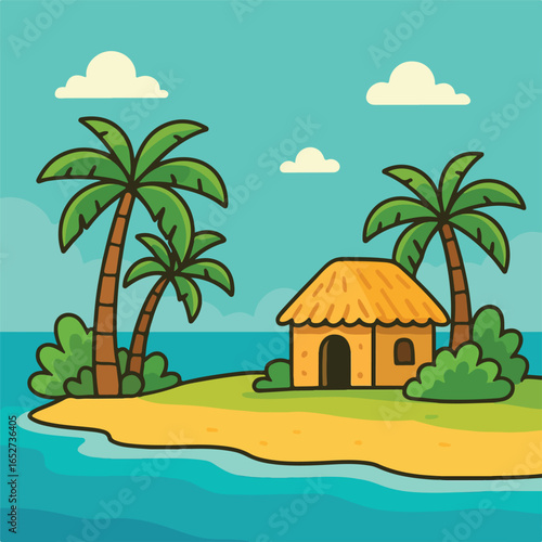 San Andrés y Providencia (isla tropical con palmeras y cabaña)