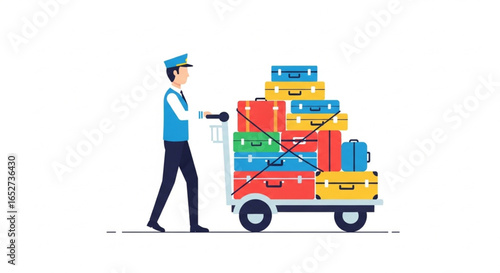A porter pushing a cart loaded with colorful suitcases and bags.