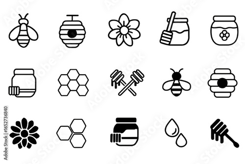 Beekeeping line icon set – bees, hives, honey jars, dipper, honeycomb, flower, organic farming symbols