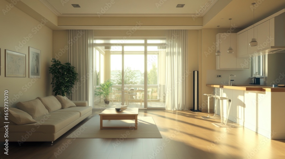 Fototapeta premium Sunlight fills a stylish living room with a view