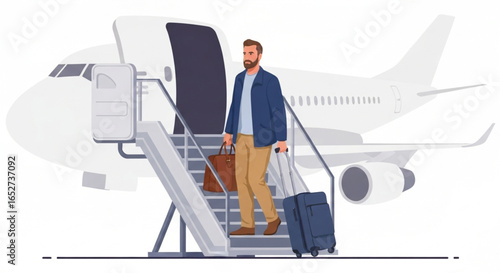 Businessman exiting a private jet, carrying luggage, descending stairs.