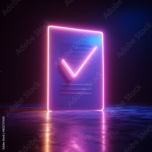 Digital Success: Document with a Glowing Neon Pink Checkmark
