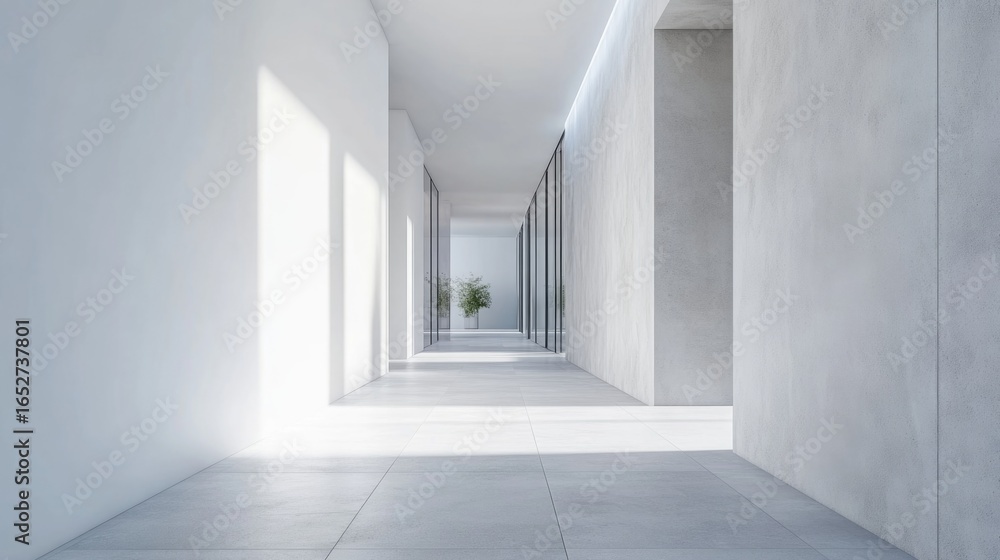 Fototapeta premium Modern hallway with natural light and greenery