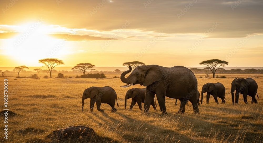 Fototapeta premium Elephants in golden savanna sunrise