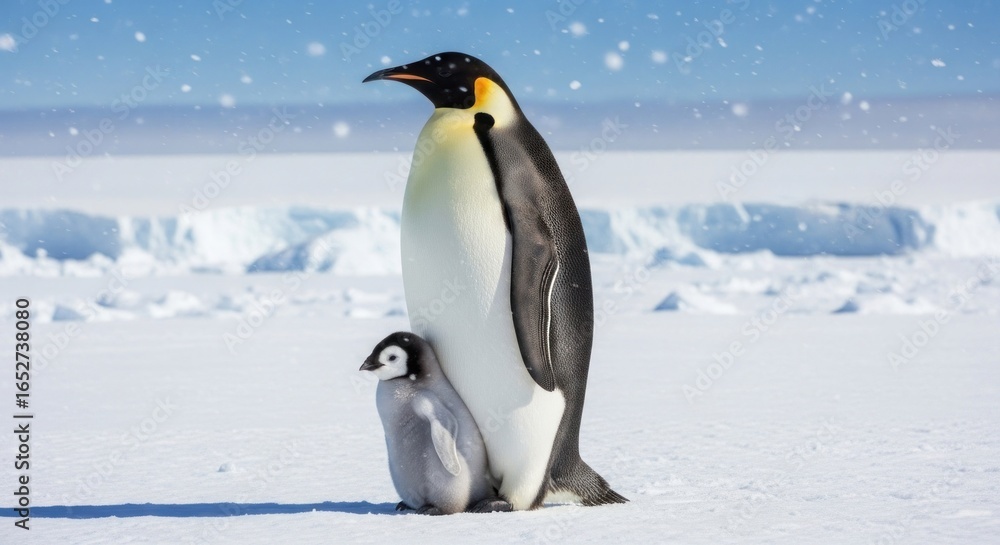 Obraz premium Emperor penguin and chick on snowy landscape