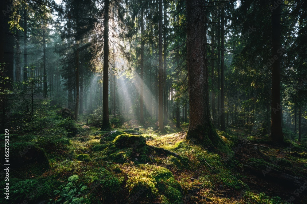Fototapeta premium Sunlight Streams Through Tall Trees in Lush Green Forest Landscape with Mossy Ground and Misty Atmosphere