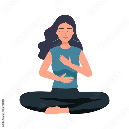 Woman practicing breathing exercise in flat design on white background.