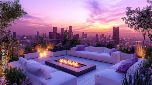 Modern rooftop terrace with fire pit at sunset