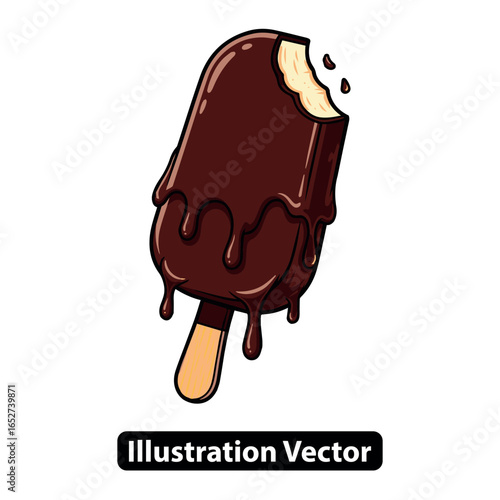 A delicious chocolate-covered ice cream bar with melting drips, vector illustration icon.