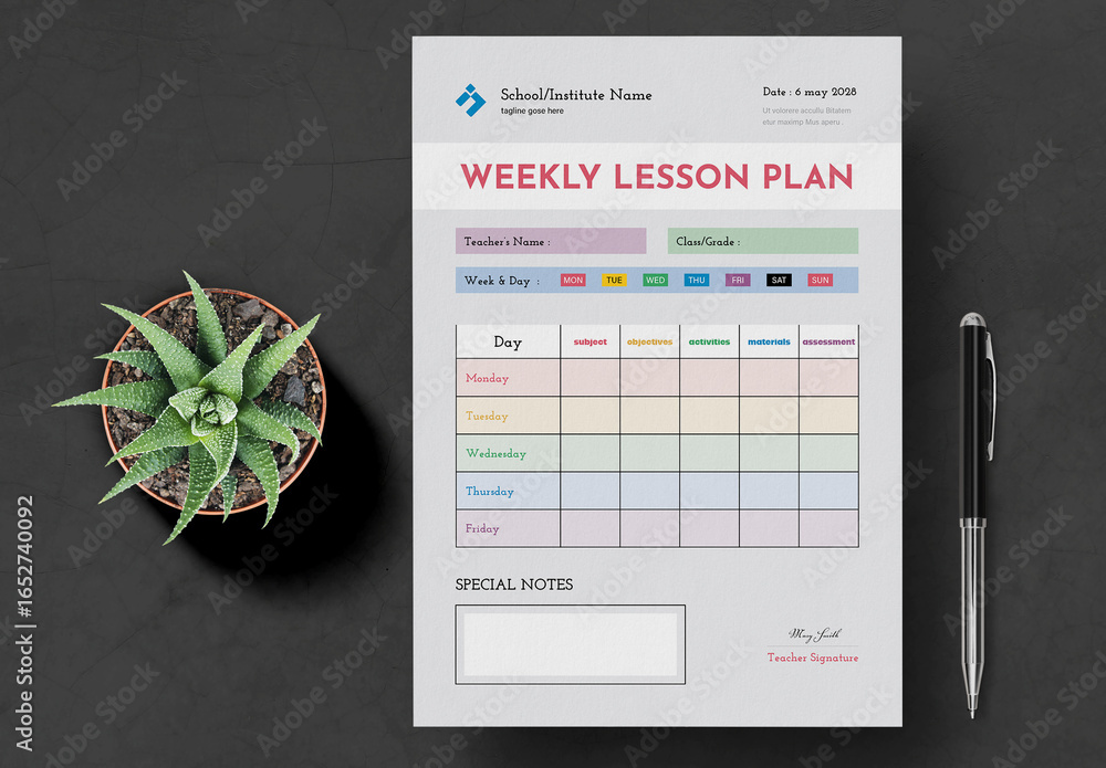 Minimal Weekly Study Planner Template Design Stock Template | Adobe Stock