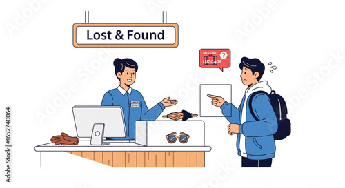Young man reclaims lost belongings from a helpful lost and found attendant.