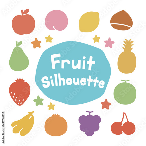 色とりどりの果物シルエットが並んだかわいいイラスト