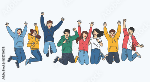 Diverse group of joyful young adults celebrating success and achievement with enthusiasm, jumping together in a vibrant display of happiness and teamwork, representing community and triumph.