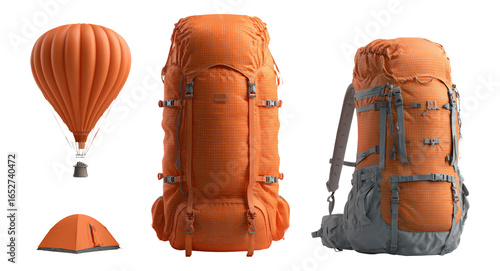 Vibrant Orange Backpack and Camping Gear on Transparent Background