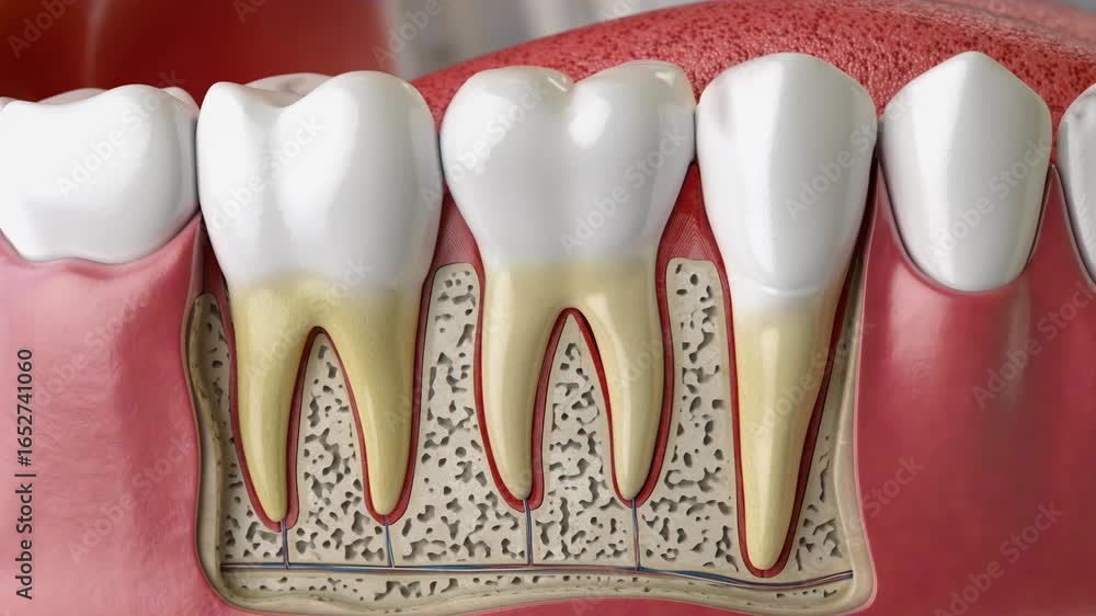 A detailed cross-section model of human teeth with roots and nerves ...