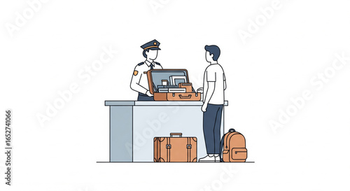 Airport security officer inspecting passenger's luggage at a checkpoint.