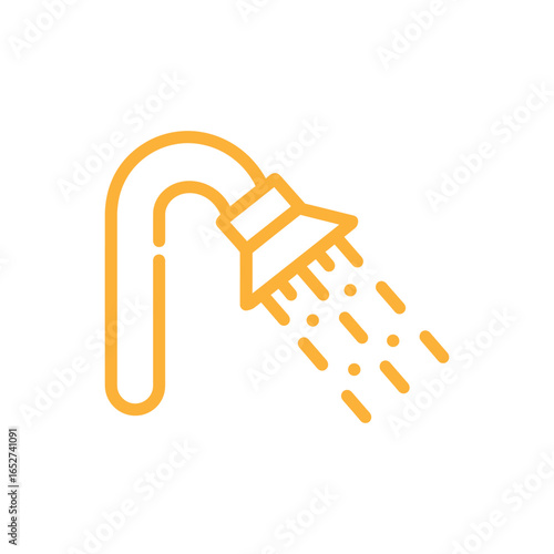 Gold shower head icon with flowing water droplets on a white background