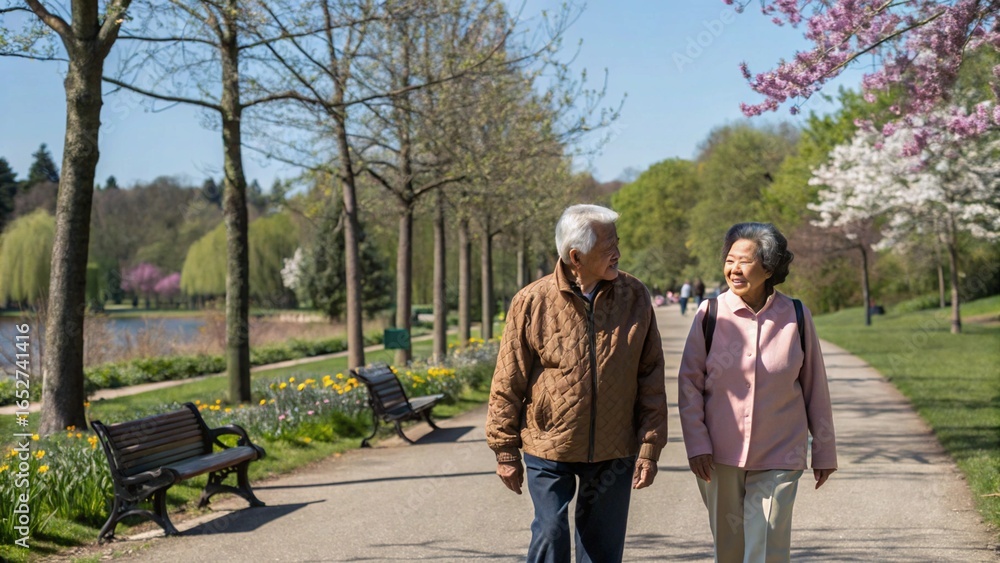 A senior asian couple walking in a park on a spring day, enjoying their retirement and love for each other in nature A senior asian couple walking in a park on a spring day, enjoying their retirement and love for each other in nature