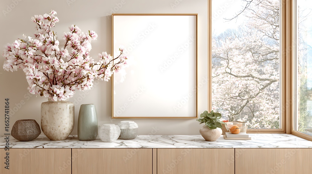 Fototapeta premium Frame mockup with flowers and window view, interior decor and design, home styling and decoration ideas