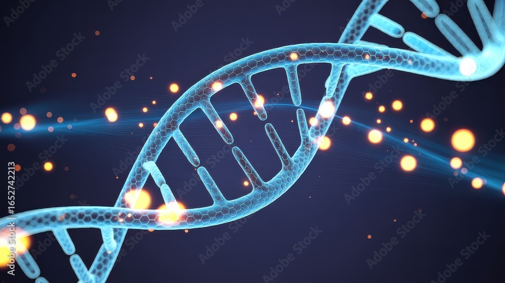 Naklejka premium Abstract digital representation of a glowing double helix DNA structure with scattered bokeh lights on a dark blue background