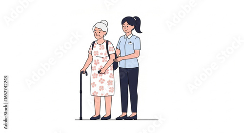 A young caregiver assists an elderly woman walking with a cane.
