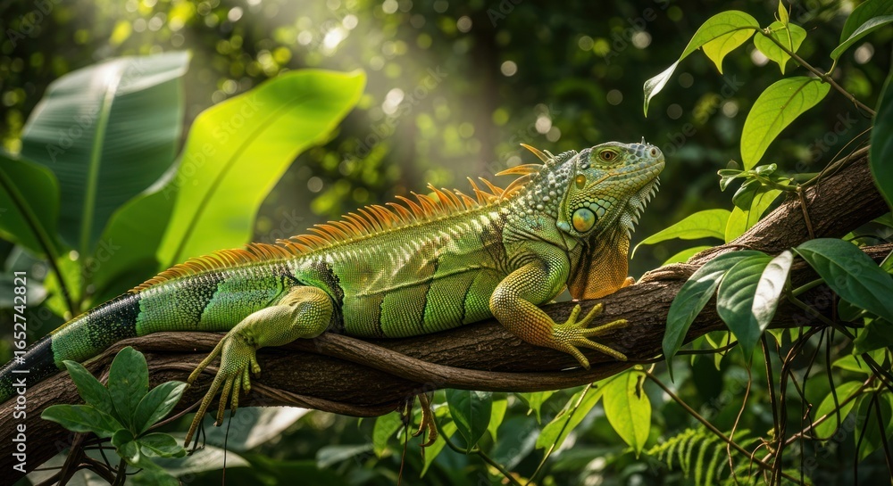 Fototapeta premium Green iguana basking in jungle sunlight