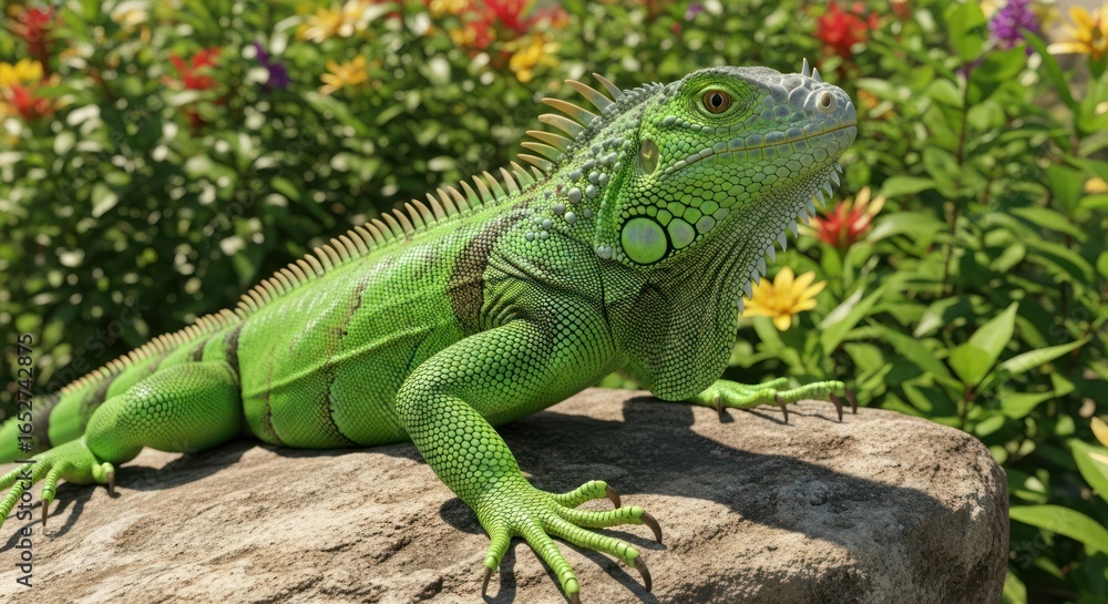 Obraz premium Green iguana on a rock amidst flowers