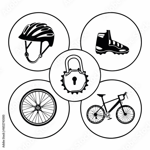 A set of bicycle equipment including helmet, shoe, wheel, lock and bike isolated on white background