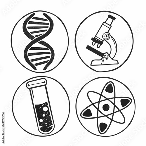 Science icons in circles isolated on white background, including dna, microscope, test tube, and atom in a minimalist design