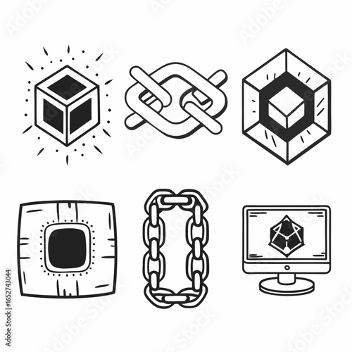 Set of six different outline icons representing cube, link, chain, computer, and block isolated on white background