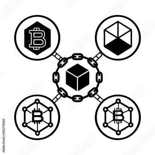 Decentralized blockchain network with bitcoin and cube icons connected by chains, representing digital currency isolated on white background