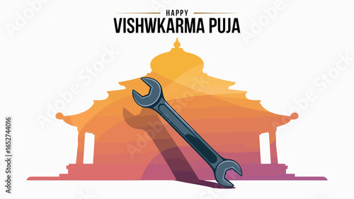 Happy Vishwakarma Puja Celebration with Temple and Tools