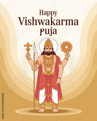 Happy Vishwakarma Puja Poster with Lord Vishwakarma Illustration