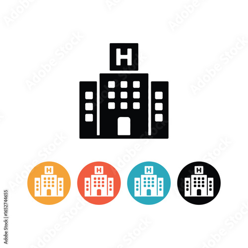 Hospital building icon set—black and multicolor circular variants with “H” symbol, representing medical facility and healthcare services