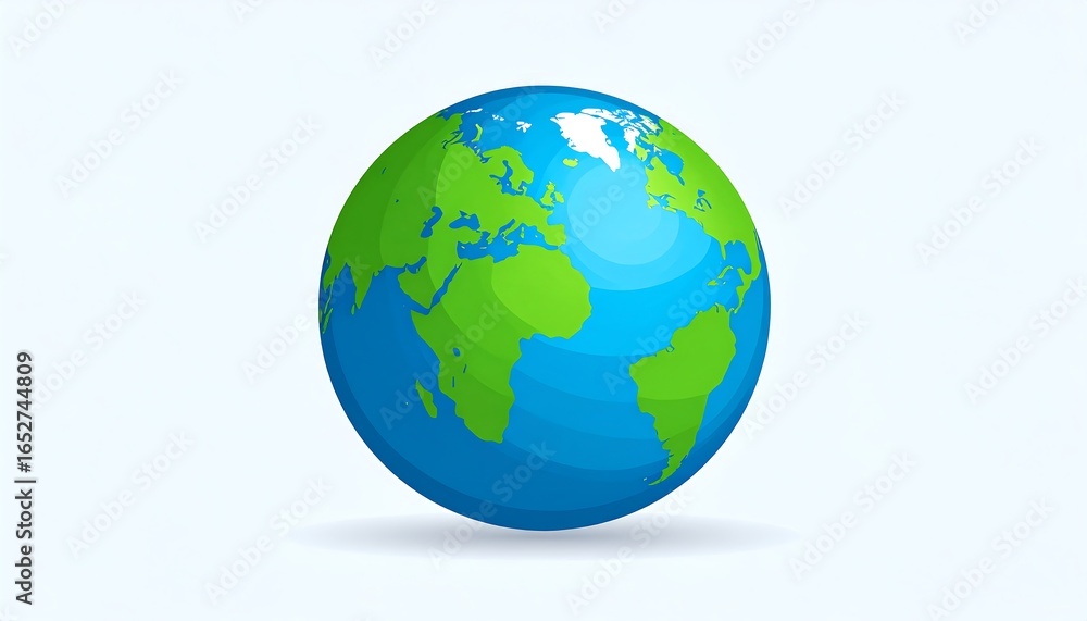 Naklejka premium A stylized globe, predominantly blue and green, sits against a light background, casting a subtle shadow