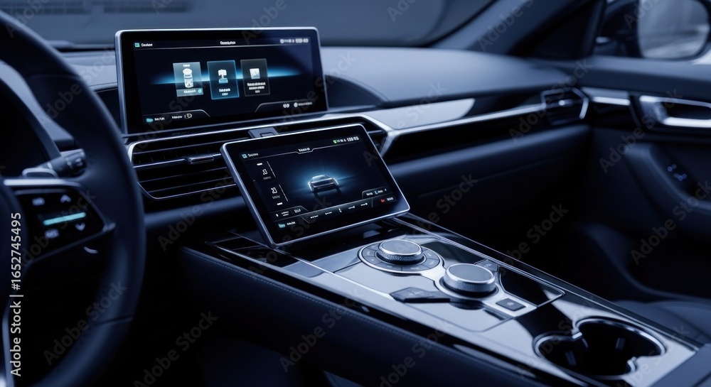 Naklejka premium Interior of a futuristic electric vehicle. Dashboard with dual touchscreens, control panel, and dark interior