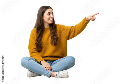 Young woman sitting cross legged pointing to the side isolated on transparent background