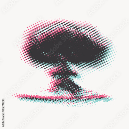 Vector pixel cloud of nuclear explosion with halftone effect. Suitable for anti-war posters dedicated to nuclear war and environmental pollution. T-shirt design, tattoo. No ai used