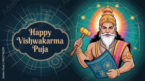 Vishwakarma Puja with Vishwakarma God Illustration