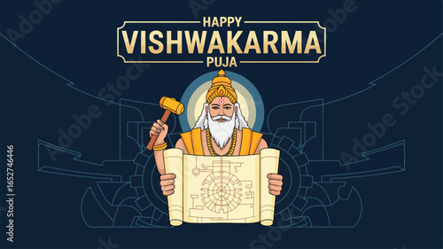 Vishwakarma Puja with Vishwakarma God Illustration