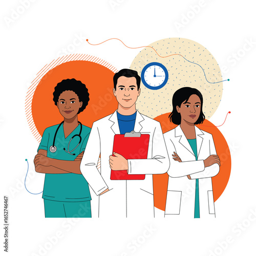 Healthcare team illustration—three medical professionals in lab coats and scrubs with clipboard, clock, and abstract background elements