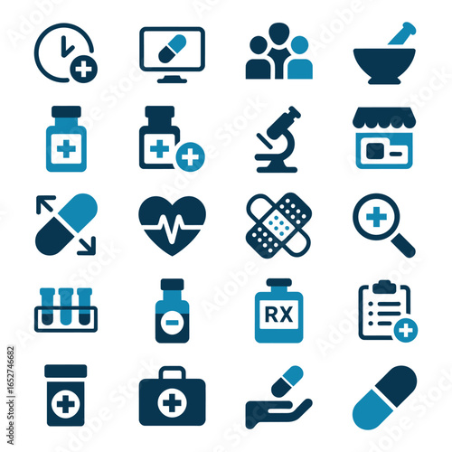 Set of 20 medical and pharmaceutical icons in blue—featuring pills, bottles, microscope, pharmacy, heart rate, and healthcare symbols
