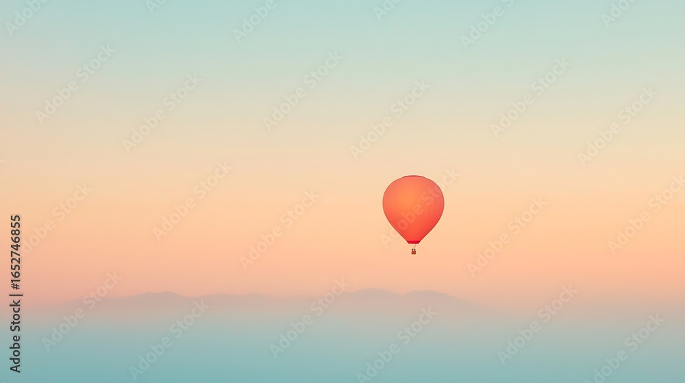 Obraz premium Lone orange hot air balloon ascends in a softly colored sky