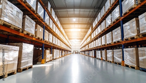 Retail warehouse full of shelves with goods in cartons, with pallets and forklifts. Logistics and transportation blurred background. Product distribution center.