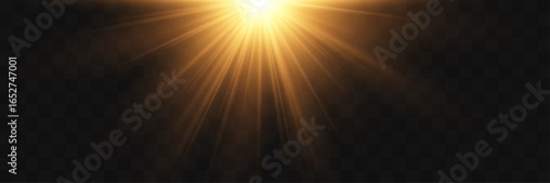 Vector golden light with glare. Sun, sun rays, dawn, glare from the sun. Gold light rays effect.
