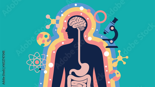 Stylized illustration of human body with internal organs and scientific symbols—representing biology, research, and medical discovery