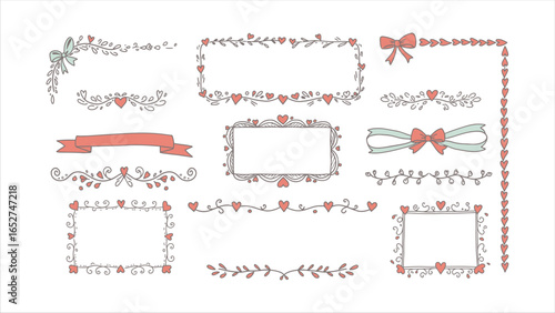 A collection of hand-drawn decorative frames and borders, featuring hearts, bows, and floral elements.